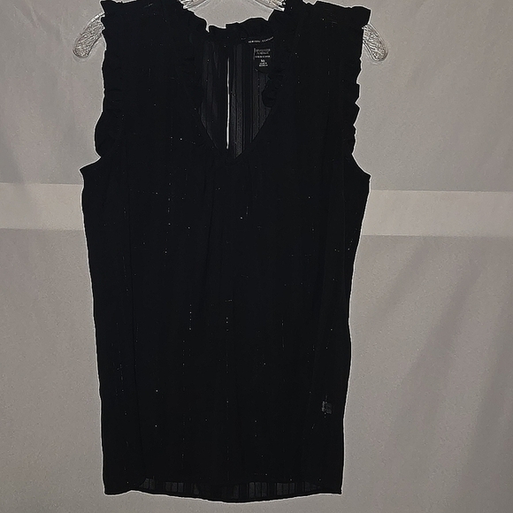 Blouse, NY & Company, Black Silver, Sheer, Sleeveless, Ruffled, V-neck, Med, - Picture 1 of 10